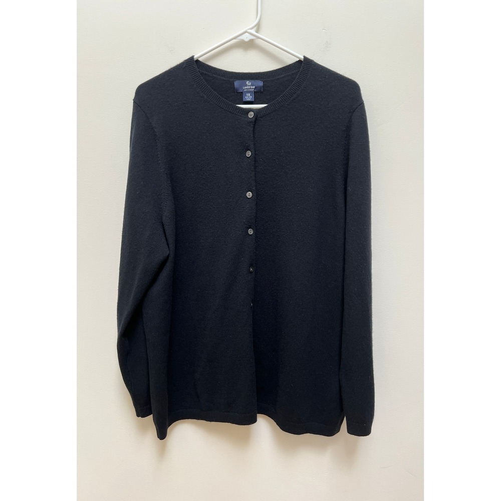 Lands End Cardigan Women 1X Black 100% Cashmere Crewneck Button Front Sweater